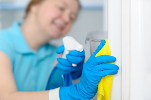 Cleaning operative inspecting upholstery during a carpet cleaning job