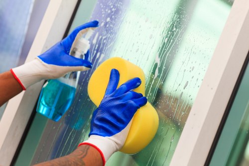 Cleaner handling carpet cleaning products with protective equipment