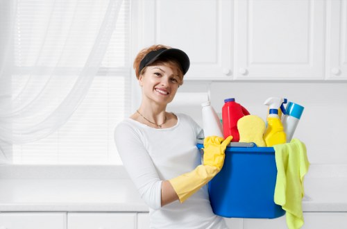 Carpet cleaner finishing a professional cleaning service in a home